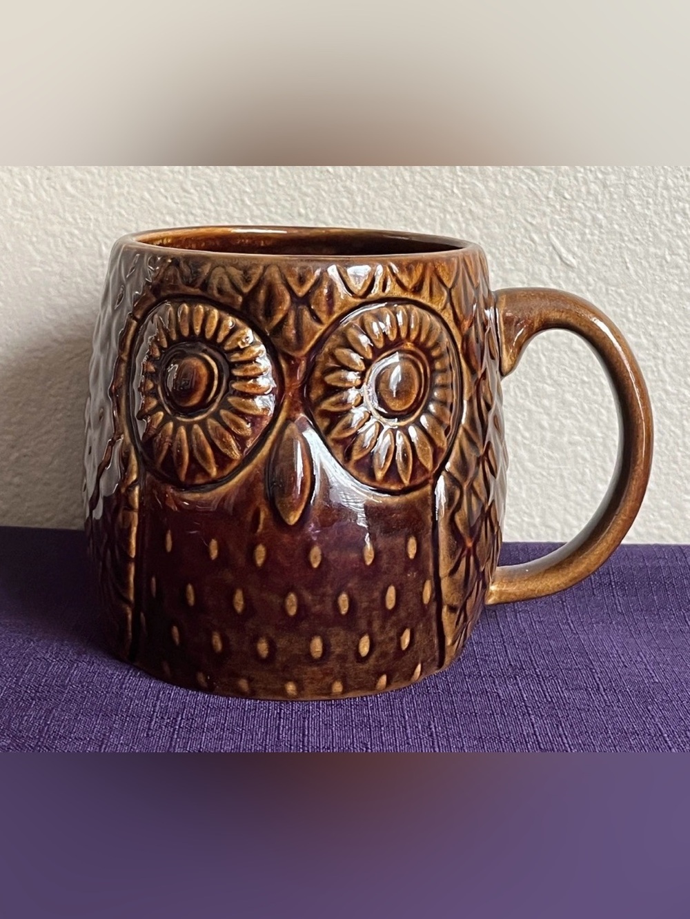 West Elm Owl Mug Brown Embossed Ceramic Coffee Cup Rustic Woodland